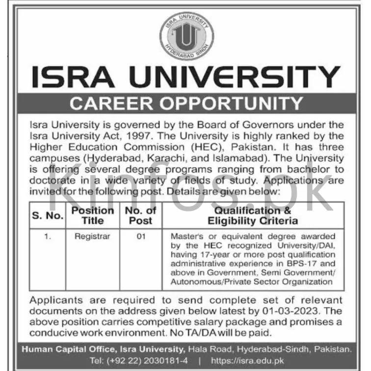 ISRA University Jobs Registrar